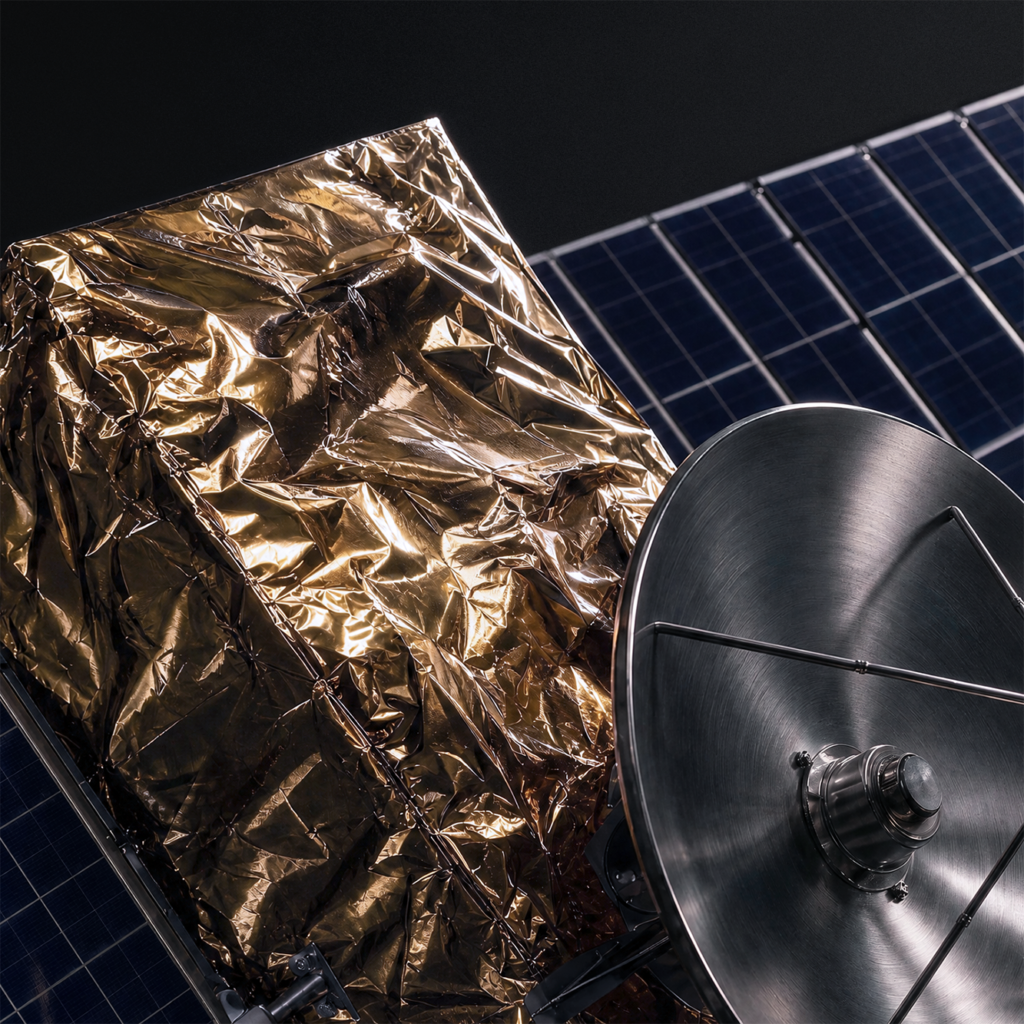 satellit und solarpanele mit isolation durch wärmeisolierende folie von dunmore europe